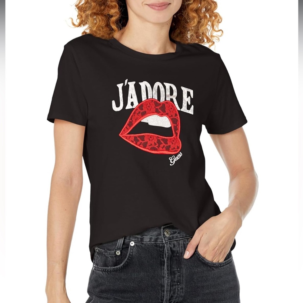 GUESS Women’s Short Sleeve Jet Black Bedazzled Lace Jadore Easy Tee